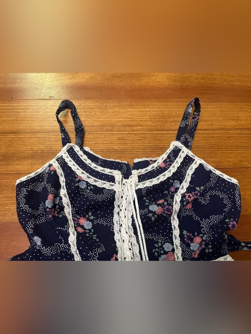 Vintage Gunne Sax Navy & Pink Calico Floral Dress w Lace Trim Size 7 - Picture 14 of 16